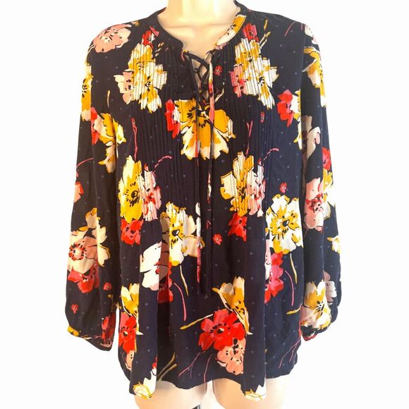 Old Navy Dark Blue Bold Floral Pleated Lace Bodice Peasant Blouse Size Medium - Picture 1 of 9